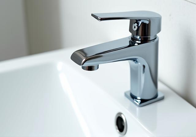 A new, modern chrome faucet installed and functional.