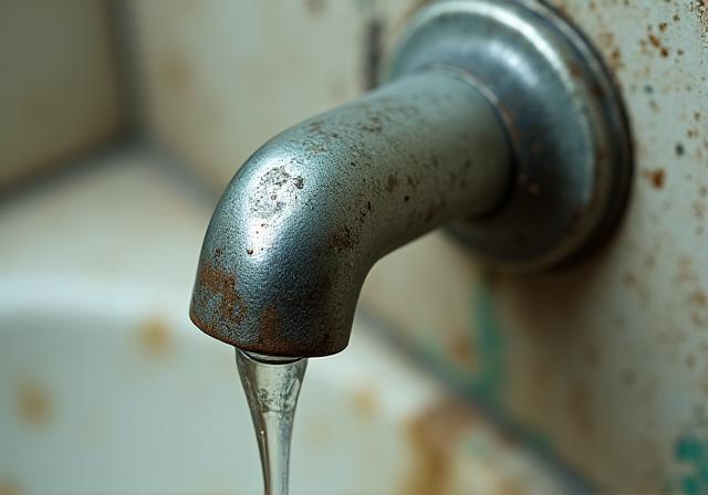 An old, leaking bathroom faucet.