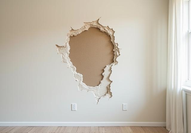 A large hole in a living room drywall.