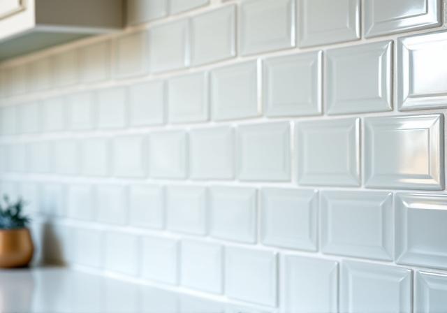 Modern, clean tile backsplash installed in a kitchen.